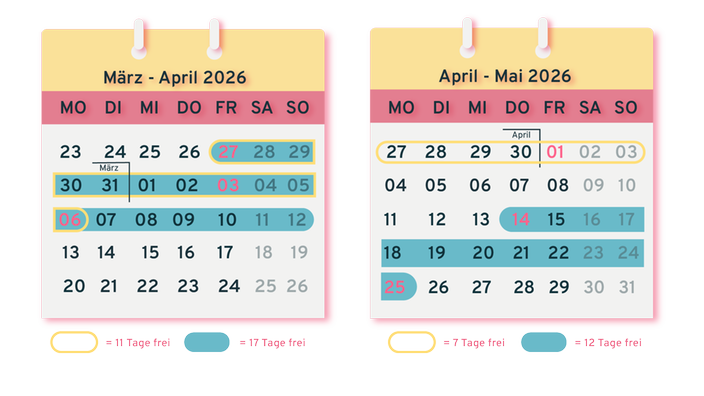Das Bild zeigt zwei illustrierte Kalender mit den vorgeschlagenen Urlaubstagen.