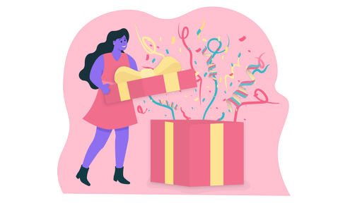 Eine Frau öffnet ein sehr großes Geschenk, aus dem Konfetti rauskommt.