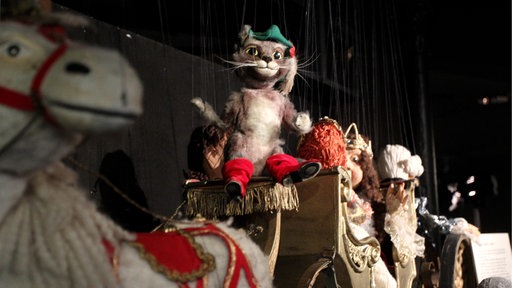 Die Marionette "Der gestiefelte Kater", aufgenommen auf einer königlichen Kutsche