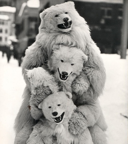 Drei als Eisbär verkleidete Menschen sind zu sehen.