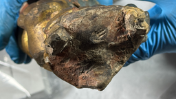 Die Prägung einer Hand auf dem Kopf einer Heiligenfigur