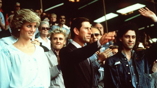 Bob Geldof, Prince Charles und Lady Diana beim Live-Aid-Konzert 1985