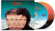 Das Cover des Albums "The Miracle" von Queen zeigt die Gesichter der vier Bandmitglieder, die miteinander verschmelzen, vor Wolkenhimmel