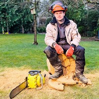 Luis Hantschel, ein junger Mann im Arbeitsanzug, orangem Schutzhelm und Handschuhen, sitzt auf einem gesägten Holzstumpf. Vor ihm links liegt eine gelbe Kettensäge.