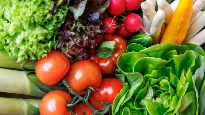 Nahaufnahme von Gemüse: Tomaten, Paprika, Salat und Spargel