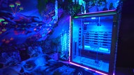 Im Hintergrund eine blaue Decke mit weißen Punkten, die Sterne symbolisieren sollen. In der Ecke eine Sauna eingebaut mit blauem Licht.