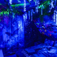 In blaues Licht getauchtes Zimmer mit Bett udn Tisch, an den Wänden und der Decke Natur-Symole wie Schmetterlinge und Pilze, von der Decke hängen künstliche Pflanzen 