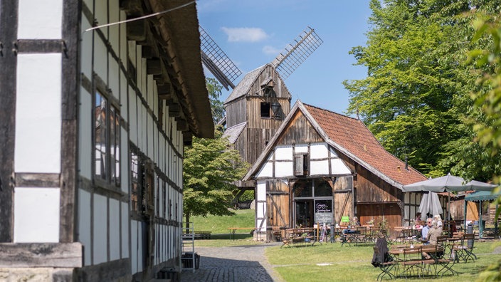 Die Außenansicht auf die Fachwerkgebäude und Windmühle des Bauernhausmuseums in Bielefeld. 