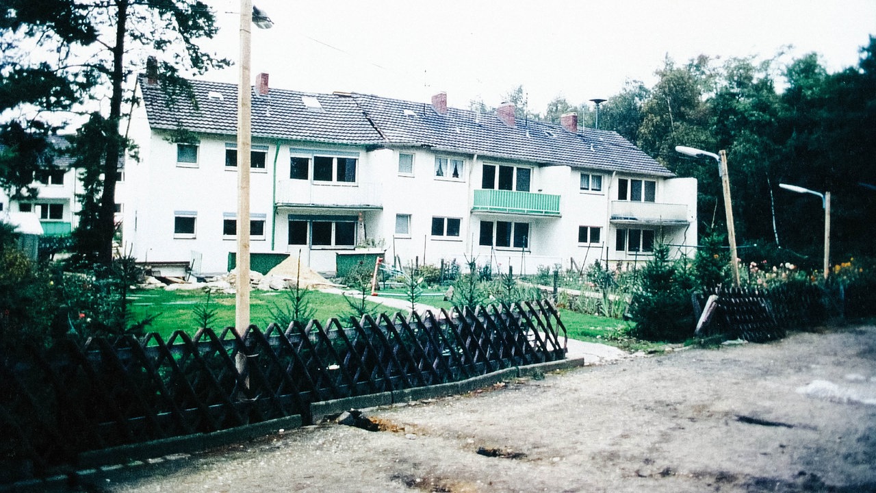 Eine Wohnsiedlung, die Straße im Vordergrund hat Risse. 