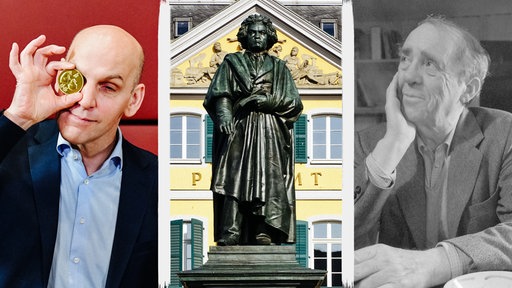 Eine Fotocollage mit Nobelpreisträger Benjamin List samt Nobelpreis, einer Statue von Beethoven auf dem Münsterplatz Bonn und einem Portrait von Heinrich Böll