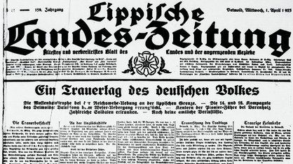 Ein Ausschnitt einer alten Zeitungstitelseite mit dem Titel "Ein Trauertag des deutschen Volkes"
