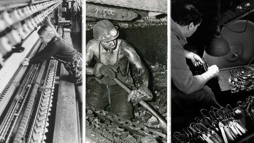 Collage; Links: Arbeiterin am Webstuhl eines Textilbetriebes, Mitte: Ein Kumpel schüppt Kohle; Rechts: Ein Scherenschleifer schleift in einem so genannten Kotten