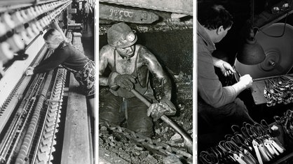 Collage; Links: Arbeiterin am Webstuhl eines Textilbetriebes, Mitte: Ein Kumpel schüppt Kohle; Rechts: Ein Scherenschleifer schleift in einem so genannten Kotten