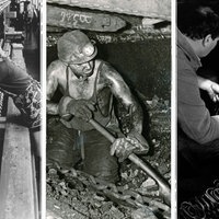 Collage; Links: Arbeiterin am Webstuhl eines Textilbetriebes, Mitte: Ein Kumpel schüppt Kohle; Rechts: Ein Scherenschleifer schleift in einem so genannten Kotten