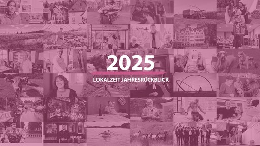 Eine Collage mit vielen Fotos von Menschen im Hintergrund, darüber liegt ein pinker Schleier und die weiße Aufschrift "2025 Lokalzeit Jahresrückblick"