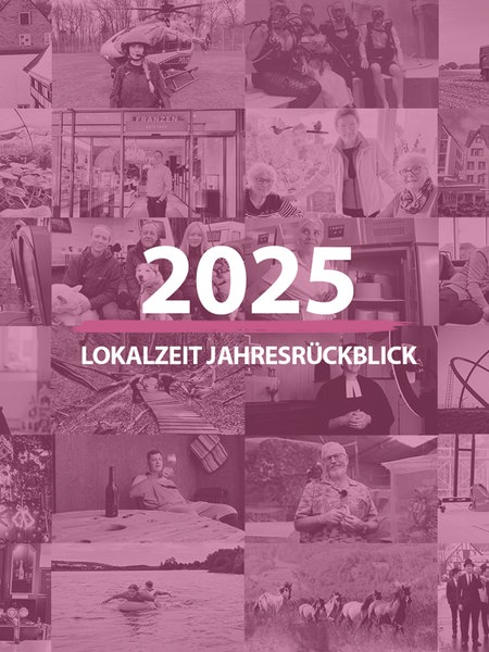 Eine Collage mit vielen Fotos von Menschen im Hintergrund, darüber liegt ein pinker Schleier und die weiße Aufschrift "2025 Lokalzeit Jahresrückblick"