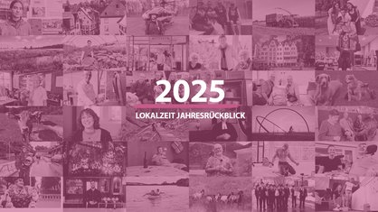 Eine Collage mit vielen Fotos von Menschen im Hintergrund, darüber liegt ein pinker Schleier und die weiße Aufschrift "2025 Lokalzeit Jahresrückblick"