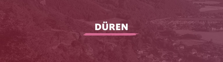 Hügelige, bewaldete Landschaft. Darauf der Schriftzug "Düren".