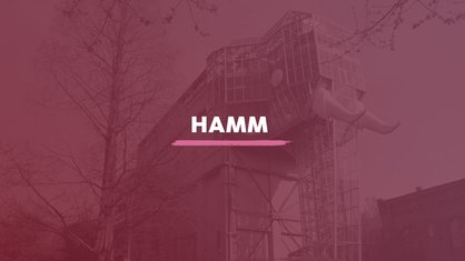 Der Blick auf den Glaselefanten in Hamm. Darauf der Schriftzug "Hamm".