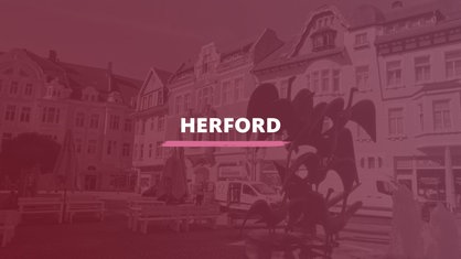 Der Blick von auf den Gänsemarkt von Herford. Darauf der Schriftzug "Herford".
