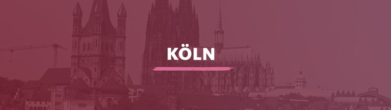 Der Blick auf die Innenstadt von Köln mit dem Dom im Hintergrund. Darauf der Schriftzug "Köln".