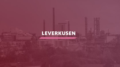 Der Blick auf den Chempark Leverkusen. Darauf der Schriftzug "Leverkusen".