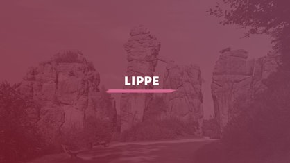 Der Blick auf die Externsteine in Horn-Bad Meinberg im Kreis Lippe. Darauf der Schriftzug "Lippe".
