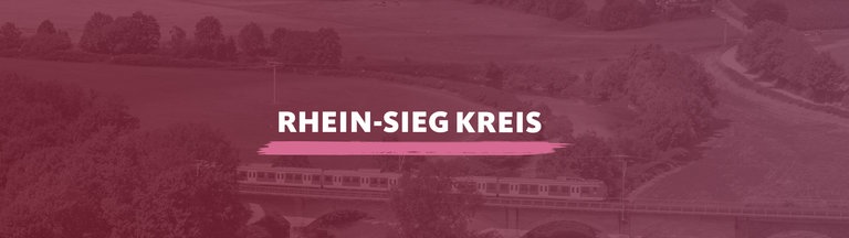 Der Fluß Sieg bei Hennef. Darüber verläuft eine Eisanbahnbrücke auf der gerade eine Regionalbahn fährt. Darauf der Schriftzug "Rhein-Sieg Kreis".
