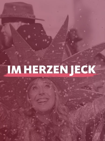 Moderatorin Vicky Just feiert Karneval, darauf der Schriftzug "Im Herzen Jeck".