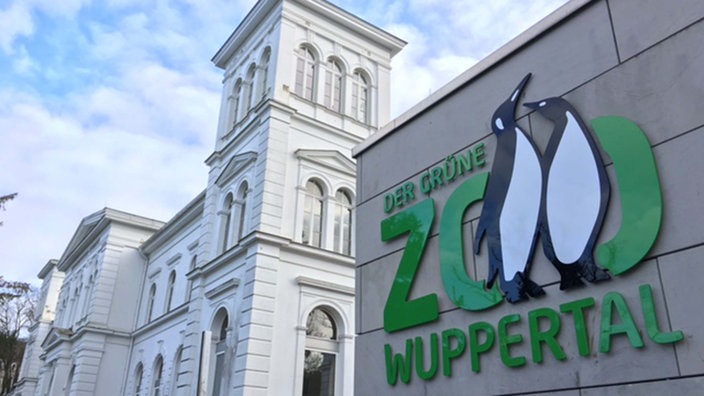 Der Eingang des Wuppertaler Zoos mit einem Schild mi zwei Pinguinen, auf dem "Der grüne Zoo Wuppertal" steht