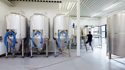 Hinter den Kulissen der Bergmann Brauerei in Dortmund: Silberne Metall-Gärtanks in einer Reihe