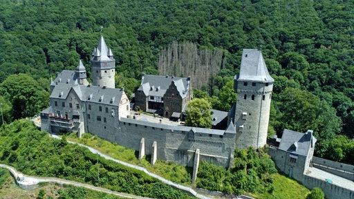 Die Burg Altena mit hellgrauem Gemäuer auf einem begrünten Hügel.
