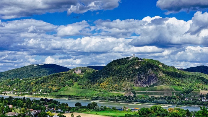 Blick über den Rhein auf grüne Hügel des Siebengebirges, samt Drachenburg und Drachenfels