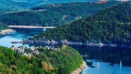 Blick von oben auf den Rursee in der Eifel.