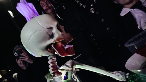 Nahaufnahme eines Skeletts. Es sitzt an einem kleinen Tisch.