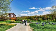 Besucher stehen auf einem Weg zwischen Wiesen und Beeten. Links im Bild befindet sich eine große Brücke. Auf einer Wiese rechts stehen blaue Schafs-Skulpturen.