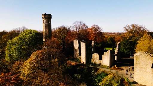 Die Hohensyburg Dortmund von oben: Burgruine in der Mitte, links der Vincketurm, drumherum Wald