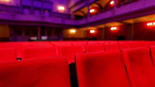 Ein mittelgroßer Theatersaal mit vielen roten Sesseln. 