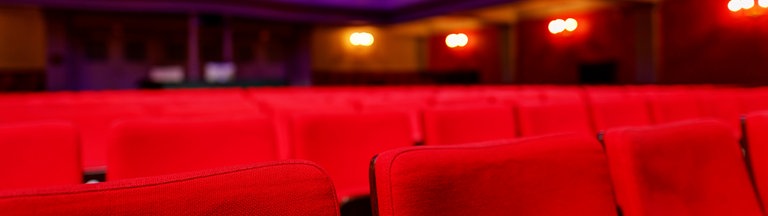 Ein mittelgroßer Theatersaal mit vielen roten Sesseln. 