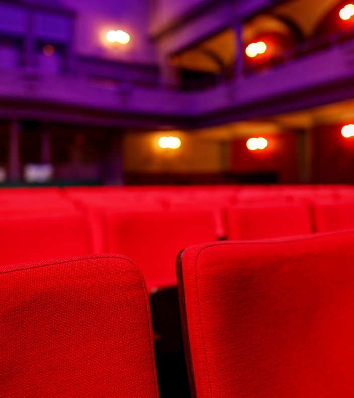 Ein mittelgroßer Theatersaal mit vielen roten Sesseln. 
