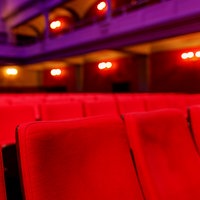 Ein mittelgroßer Theatersaal mit vielen roten Sesseln. 