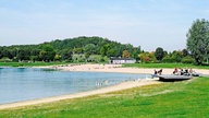 Mehrere Menschen sitzen auf einer Plattform am Strand des Seeparks Lünen. Um sie herum befinden sich verschiendene Vögel.