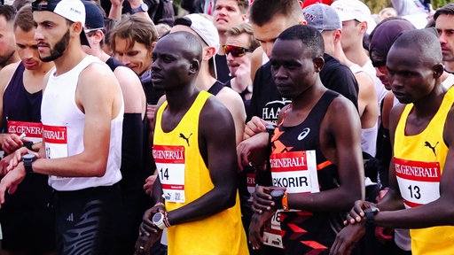 Viele Starter stehen dicht gedrängt an der Startlinie für einen Marathon.