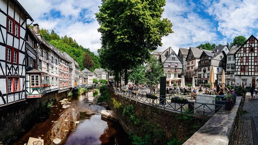 Links Fachwerkhäuser und ein Flusslauf. Rechts ein Dorfplatz, im Hintergrund weitere Fachwerkhäuser.
