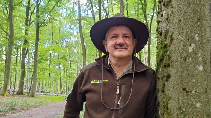 Eifel-Ranger Ralf Hilgers lehnt mit braunem Hut und brauner Jacke an einem Baum im Nationalpark Eifel