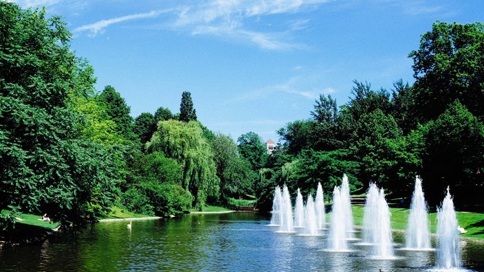 Ein kleiner Weiher mit mehreren kleinen Wasserfontänen, im Hintergrund Bäume.