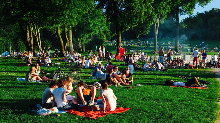 Eine große Wiese voller Menschen, die picknicken und grillen