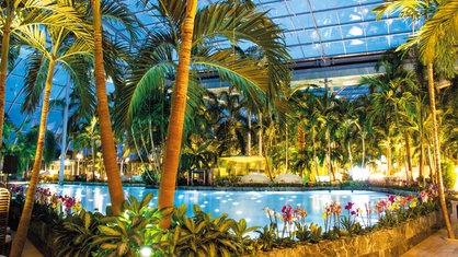Unter einer großen Glaskuppel befindet sich ein Schwimmbecken, das von Palmen umgeben ist