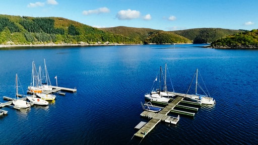 Mehrere Segelboote liegen an Stegen im Rursee.