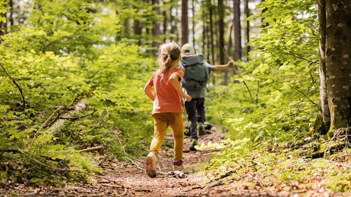 Zwei Kinder, ein Junge mit Rucksack vorne weg und ein Mädchen hinter ihm von hinten, laufen einen Waldweg entlang